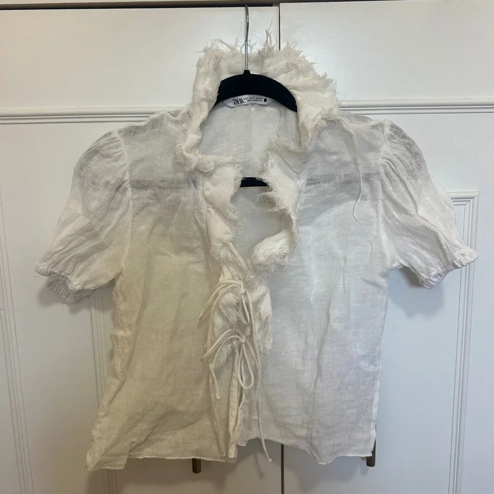 Zara White‎ Linen Blend Frayed Tie Front Puff Sleeve Blouse 3269/048/712/S Small